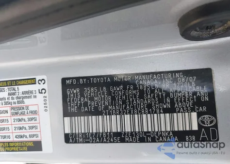 2008 Toyota Corolla Le from USA, damaged, VIN 2T1BR32EX8C881784